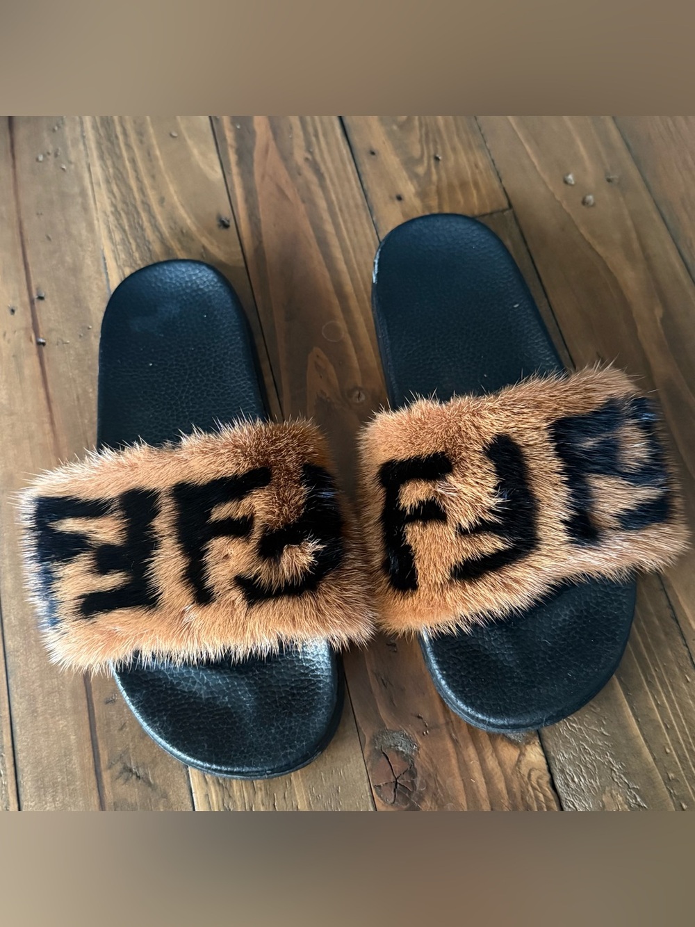 Brown and Black Real Fur Slides